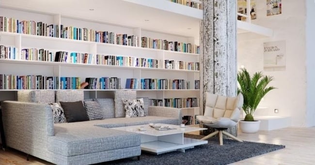 white interiors ideas at home for library