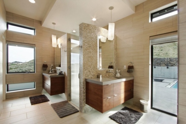 badezimmerideen modernes beige fliesen mosaik holz waschunterschrank