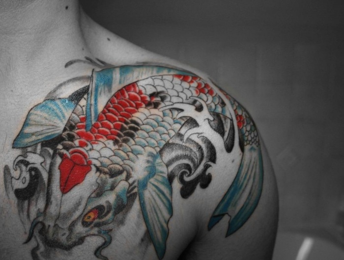 Tattoo Design für Brust, Schlüsselbein und Oberarm-Koi-Fisch in blau ...