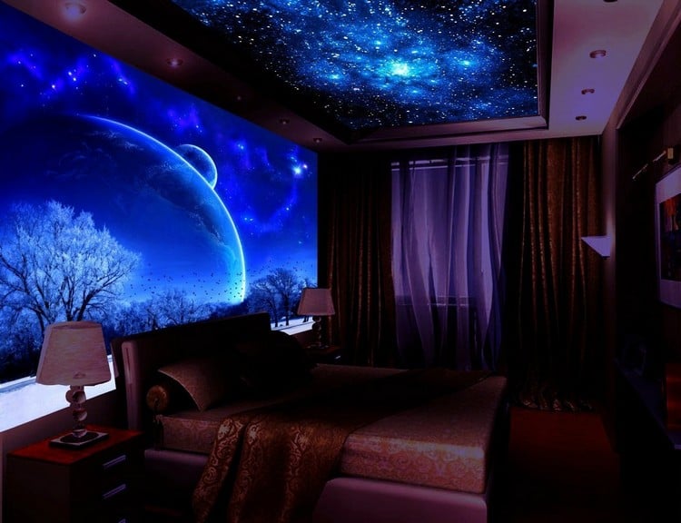 schwarzlicht farbe schlafzimmer fluoreszierende wand decke sternenhimmel blaues licht