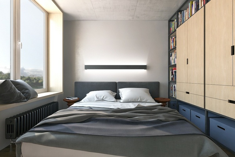 einraumwohnung-einrichten-stauraum-ideen-schlafzimmer-eng-wand-lampe
