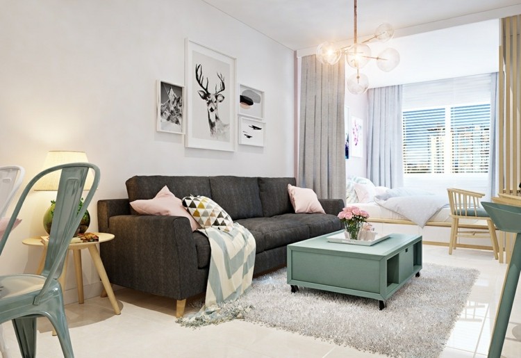 bett-wohnzimmer-integrieren-farbe-kohle-seegrun-behaglich-vorhange-schlafbereich