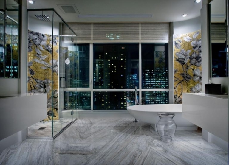 Badgestaltung-Luxus-Boden-Marmorfliesen-Wand-Mosaik-Blumen