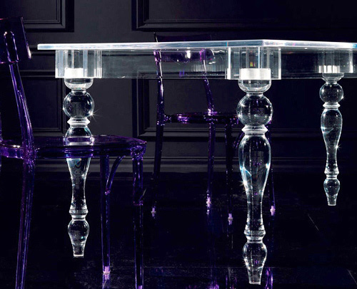 Acryl Esstisch Design -transparent-glas-plastik-form-stuhl-violett-extravagant