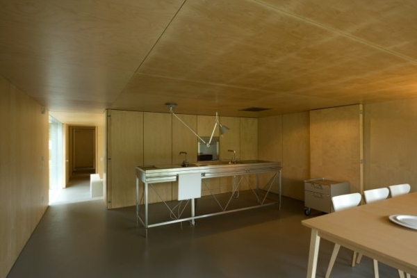minimalistisches-waldhaus-betonoptik-wand-design-küche-edelstahl