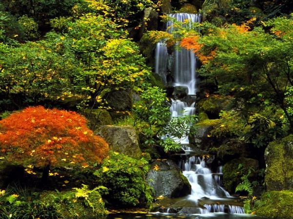 Magischer Wasserfall im japanischen-Garten