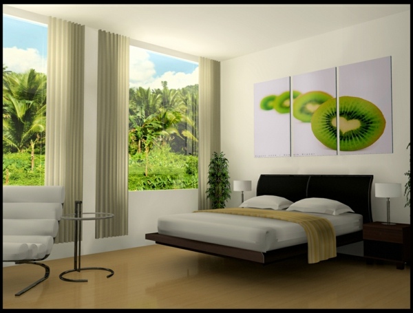 beige-Holzboden-weißes-Schlafzimmer-grüne-Tapette