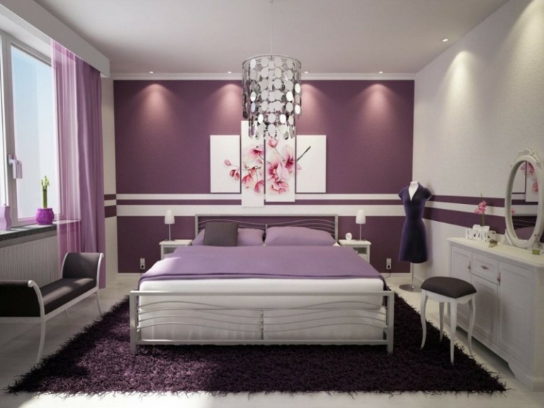 farben für schlafzimmer lila weiss akzent streifen bett elegant moebel