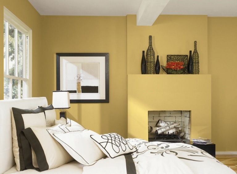 Farben für Schlafzimmer pastell gelb kamin warm atmosphaere