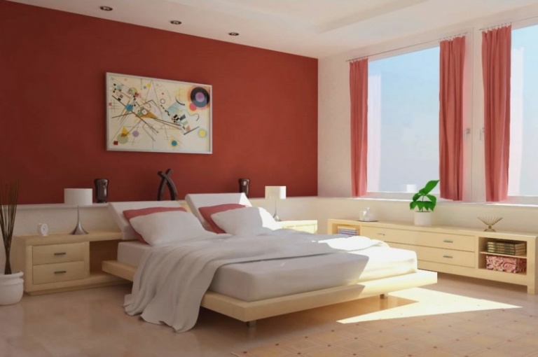 farben für schlafzimmer pastell rot modern hell holz moebel