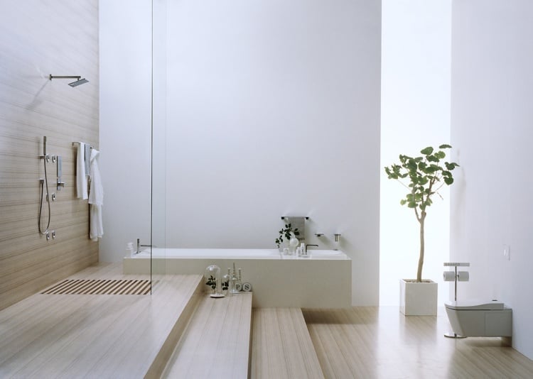 minimalistischem-design-weiss-beige-badewanne-dusche-glaswand-baum-klo-stufen-toto
