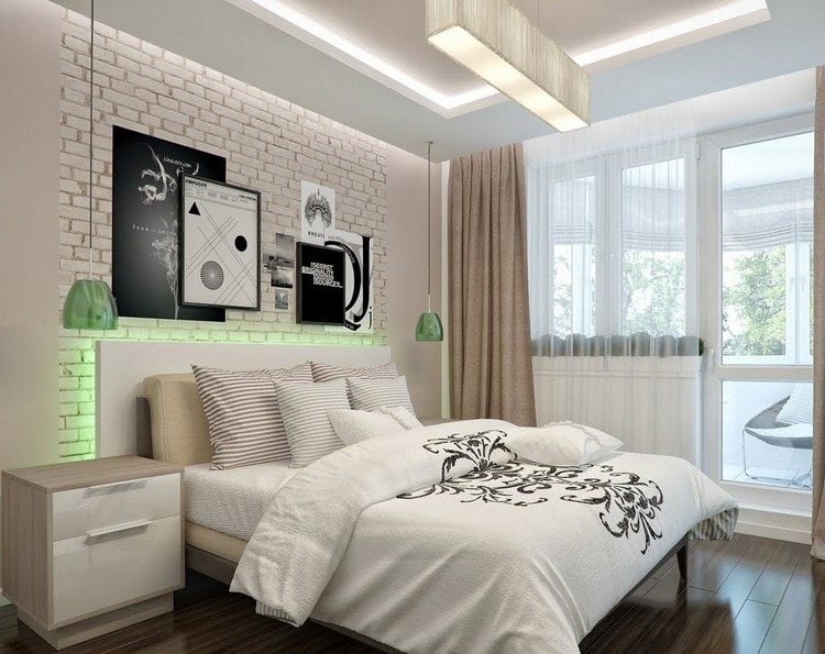 das perfekte Schlafzimmer weisse-ziegelwand-gruene-beleuchtung-hinter-bett
