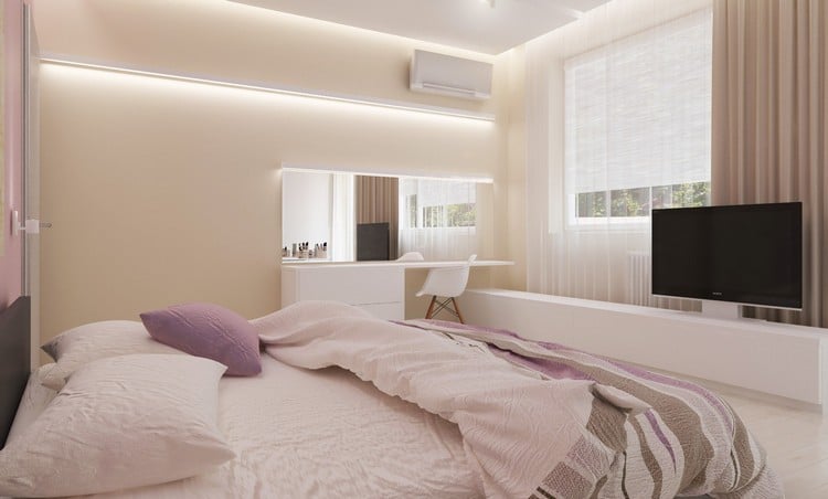 das perfekte Schlafzimmer creme-wandfarbe-led-leisten-schminktisch-fernseher