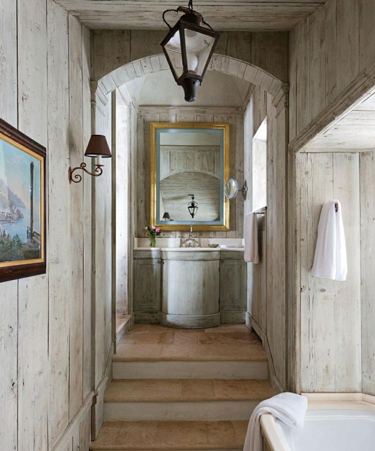 shabby chic badezimmer-rustikal-grau-holzverkleidung-wandgestaltung-spiegel