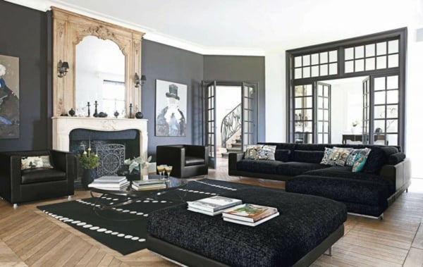 super-stilvolle-Inneneinrichtung-schwarzes-Sofa