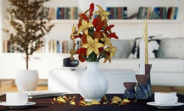 Herbstdekoration-Blumen-weiße-Vase-Wohnzimmer