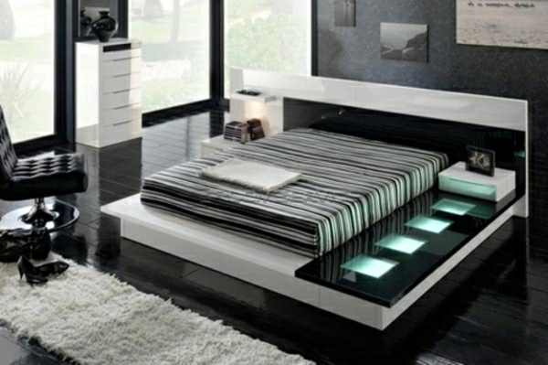 Schwarz-weißes-Bett-integrierte-Beleuchtung