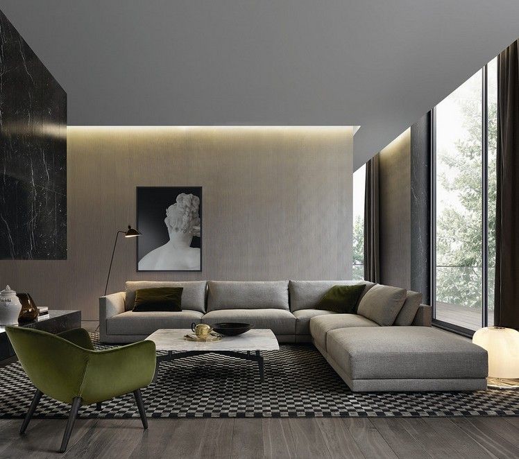 Wohnzimmerbeleuchtung-indirekt-decke-modern-graues-sofa-holzboden