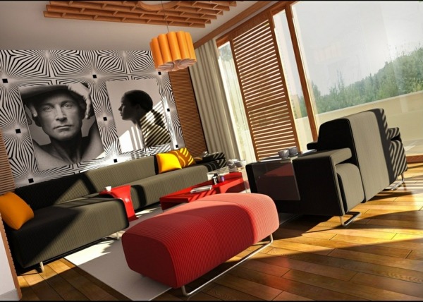 eklektisches-Wohnzimmer-Design-rotes-Sofa-Parkette