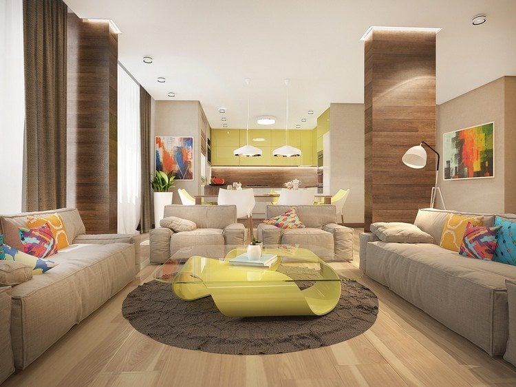Geräumiges Wohnzimmer essbereich-beige-sofas-couchtisch-kuechenfronten-gelbgruen