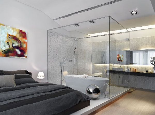 graues-minimalistisches-Schalfzimmer-moderne-Gemälde