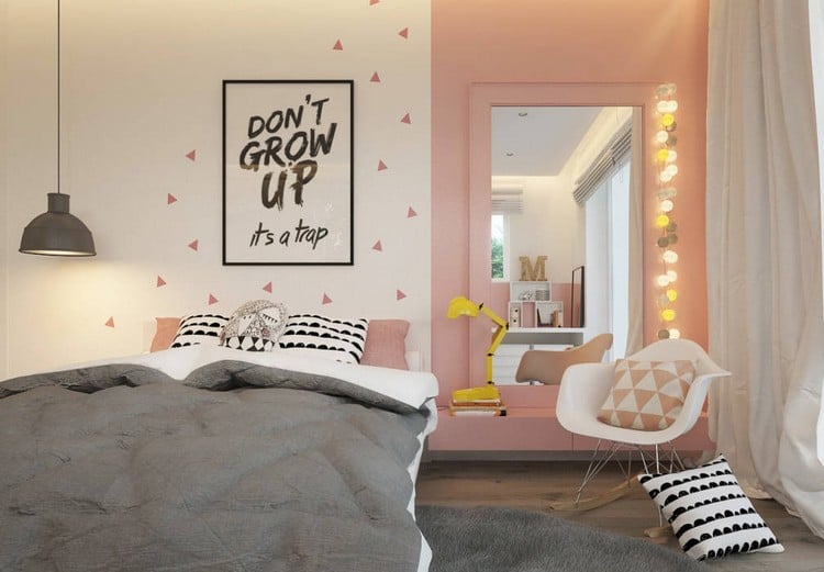 Jugendzimmer für Mädchen grau-rosa-wandspiegel-wandbild-spruch-schwarz