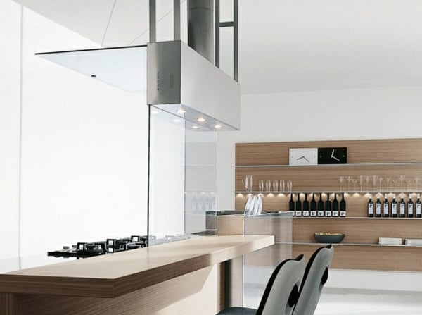 moderne-Holzküchentheke-Glas-Abzugshaube