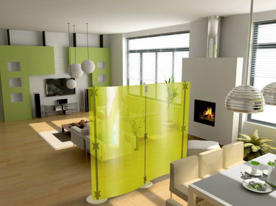 moderne-gelbe-durchischtige-Glaswand-wohnzimmer