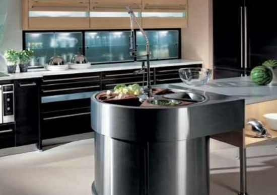 moderne-schwarzre-Küchenschränke-Stahl-Küchentheke