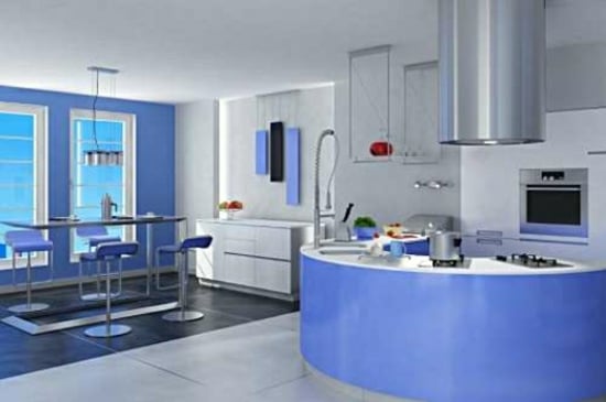 moderne-weiß-blaue-Küche-Stahl-Küchentheke