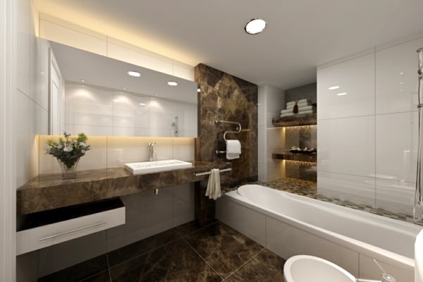 moderne-weiße-freistehende-Badewanne-Granitboden-Luxusbad
