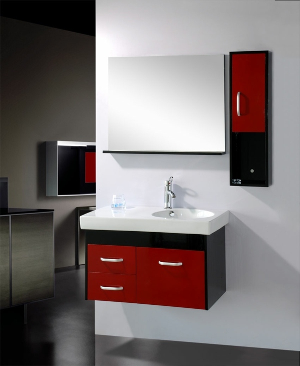 modernes-Badezimmer-schwarzer-Spiegelschrank-roter-Waschbeckenschrank