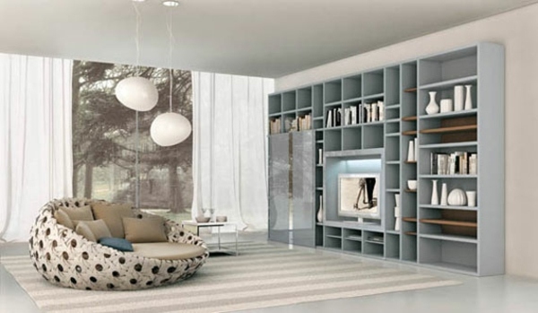postmodernes-Wohnzimmer-Design-runde-Pendelleuchte