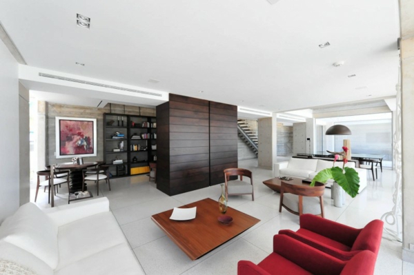 rote-Möbel-Wohnzimmer-skandinavischer-Stil