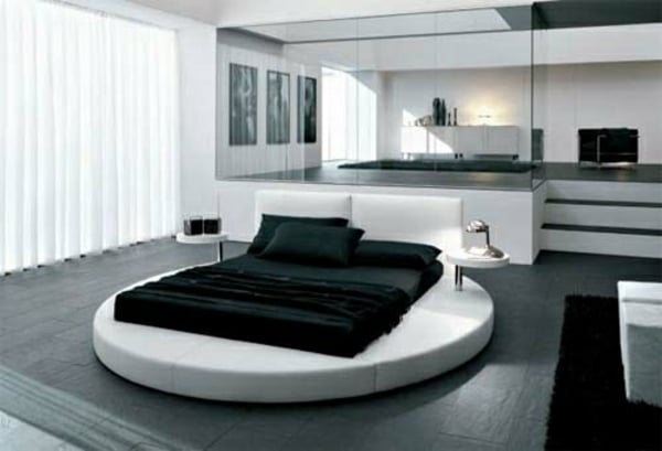 rundes-Bett-schwarz-weißes-Schlafzimmer