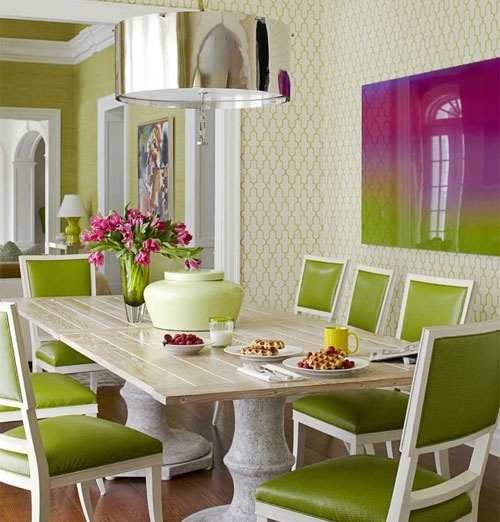 Moderne-Esszimmer-Ideen-grünes-farbschema-grüne-lederstühle