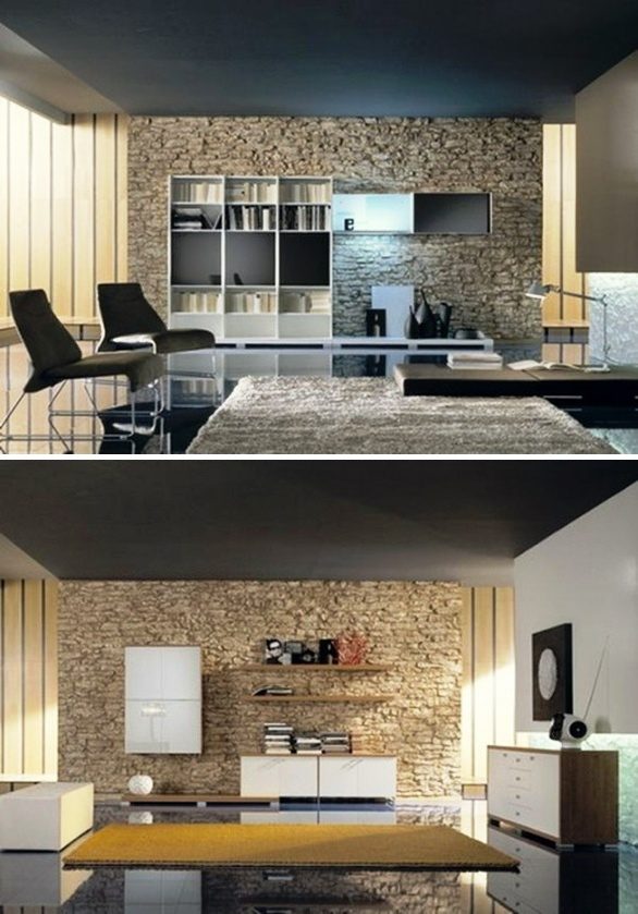 Natursteinwand-im-Wohnzimmer-kombination-moderne-möbel
