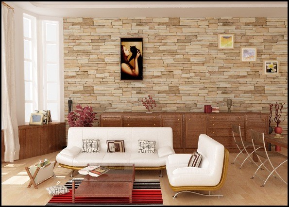 Natursteinwand-im-Wohnzimmer-weiße-möbel