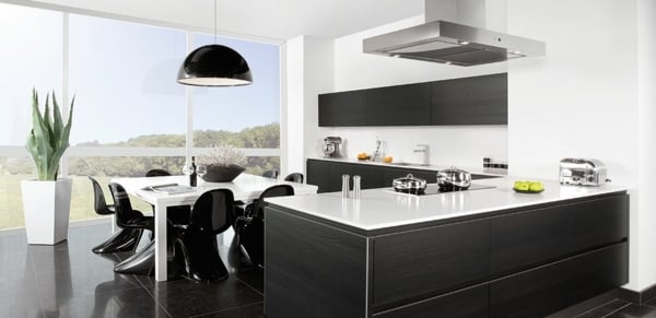 moderne-glänzende-schwarz-weiße-Küche-Barstühle