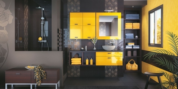 Hochglanz-Badmöbel-Mobalpa-gelbe-küchenschränke-schwarze-wände