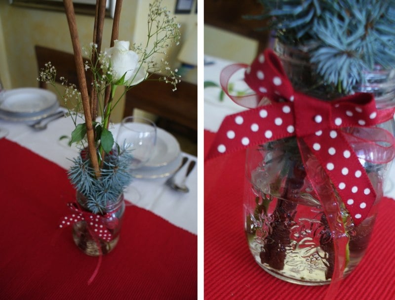 bastelideen für weihnachtstischdeko einweckglas vase tannengruen rose schleife