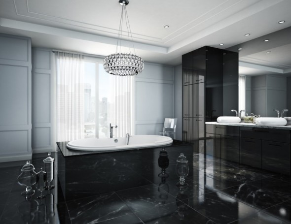 ganz-schwarzen-Badezimmer-Design-marmor-bodenbelag