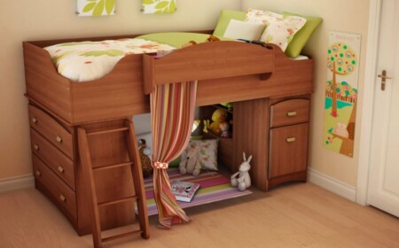 hochbett für schlafzimmer holz sitzecke vorhang kinderzimmer
