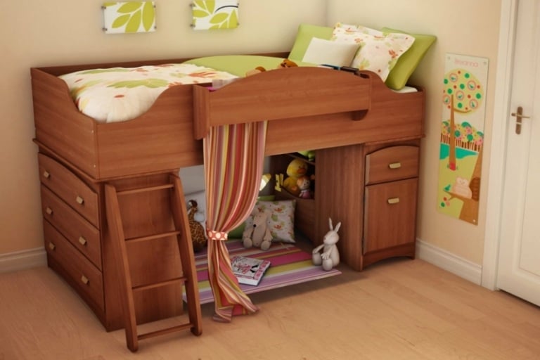 hochbett für schlafzimmer holz sitzecke vorhang kinderzimmer