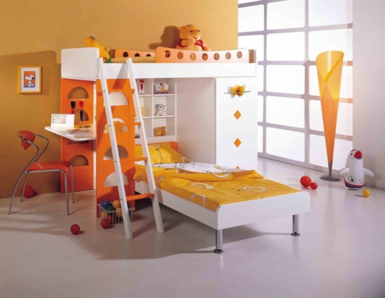 hochbett für schlafzimmer orange weiss kinder leiter regal schreibtisch