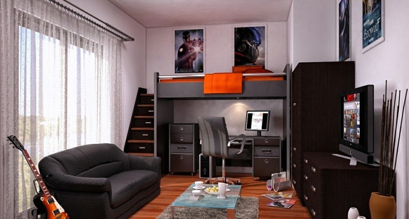 jugendzimmer ideen modern design dunkel moebel leder couch hochbett wohnwand