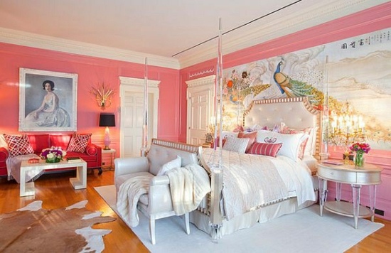 rosa-Wandfarbe-Schlafzimmer-eklektisches-Stil