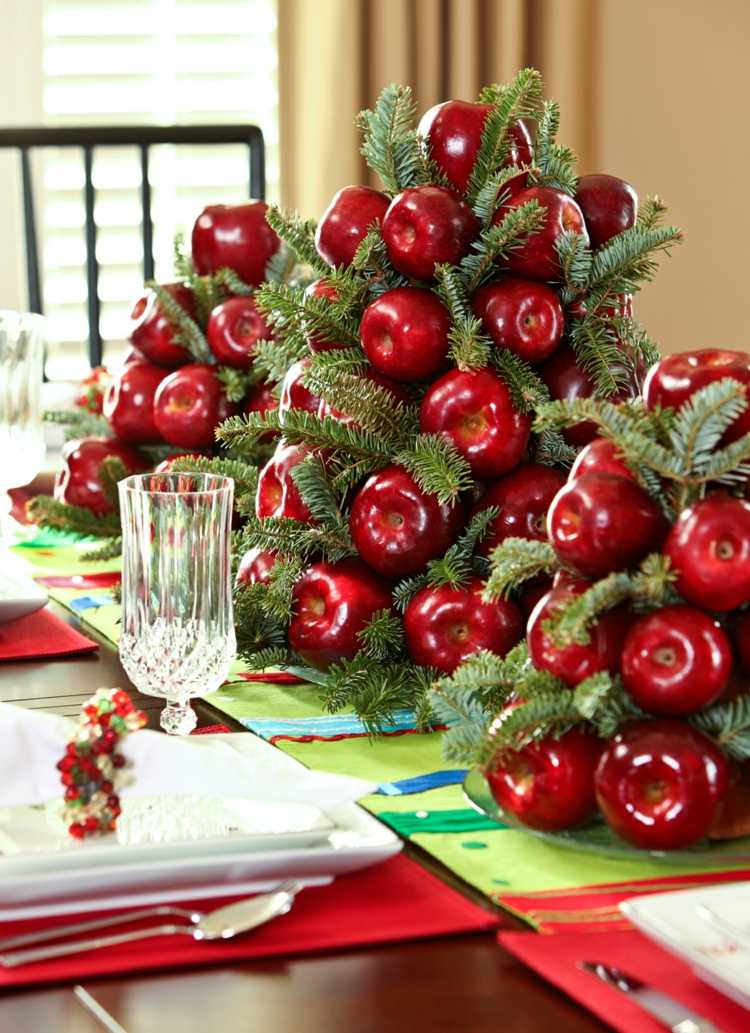 rote weihnachtsdeko ideen aepfel arrangement tannenzweige tischdeko