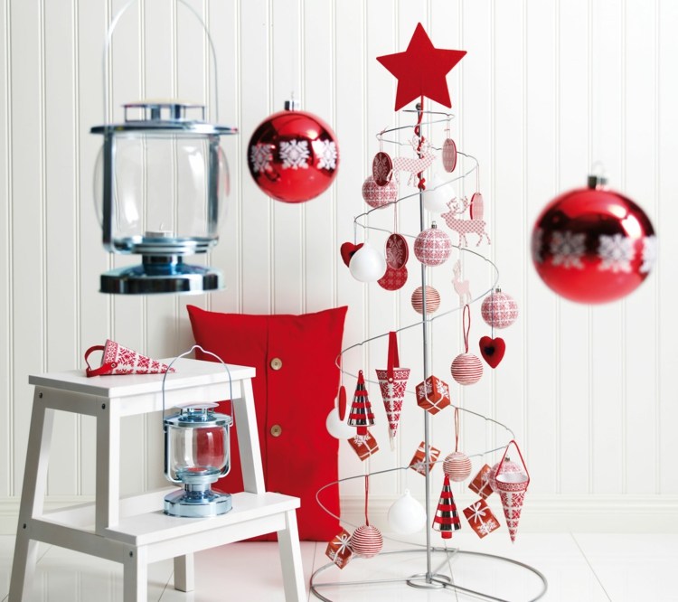 rote weihnachtsdeko ideen skandinavisch stil weihnachtsbaum draht kissen