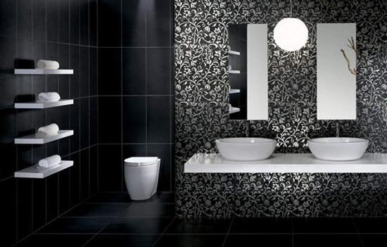 schwarzes-badezimmer-design-weiße-spülen